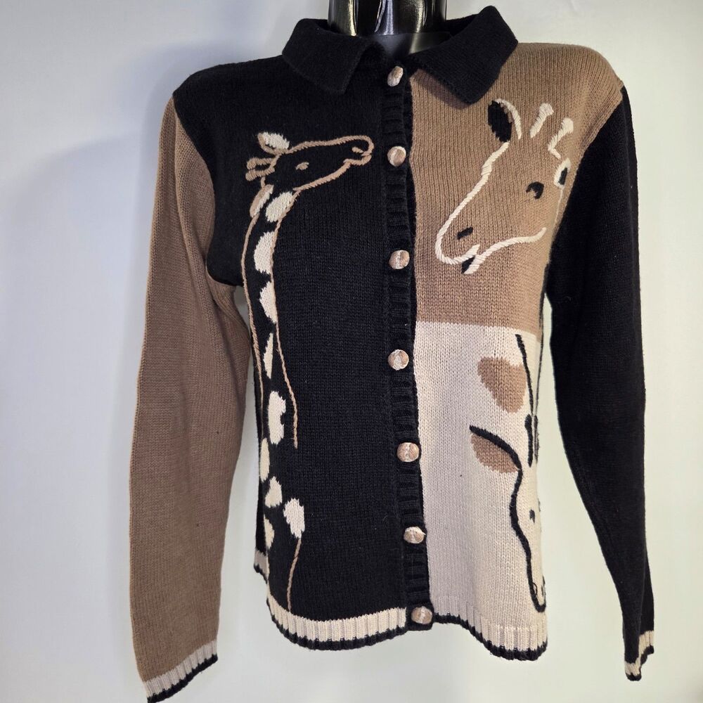 Vintage Y2K Knit Giraffe Cardigan Embroidered Tan & Black Button Up L Safari